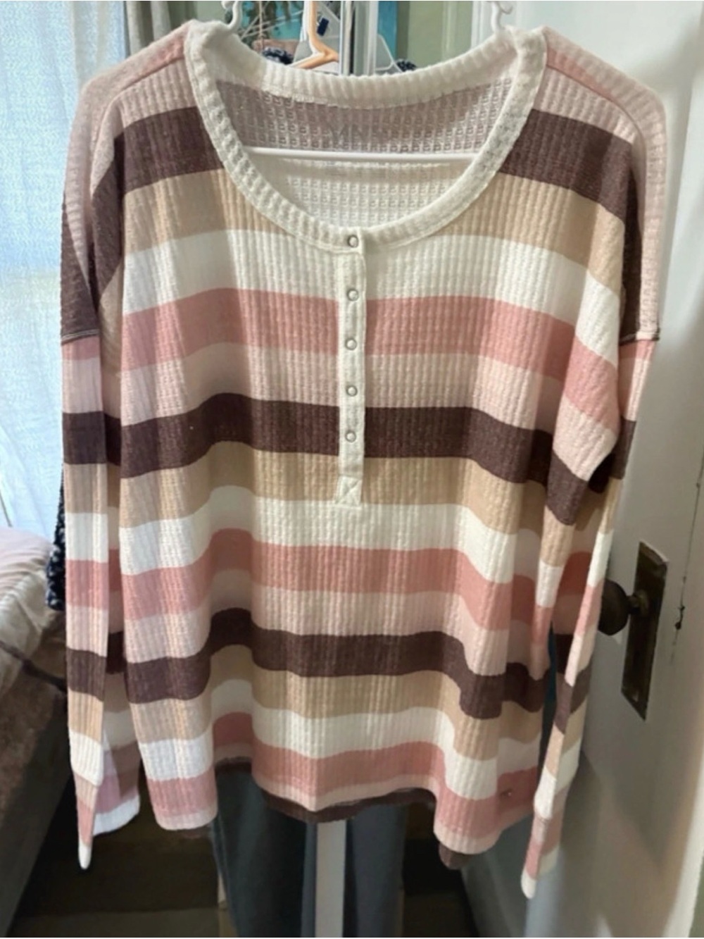 Striped Henley Waffle-Knit Sweater in Pink, Cream & Brown